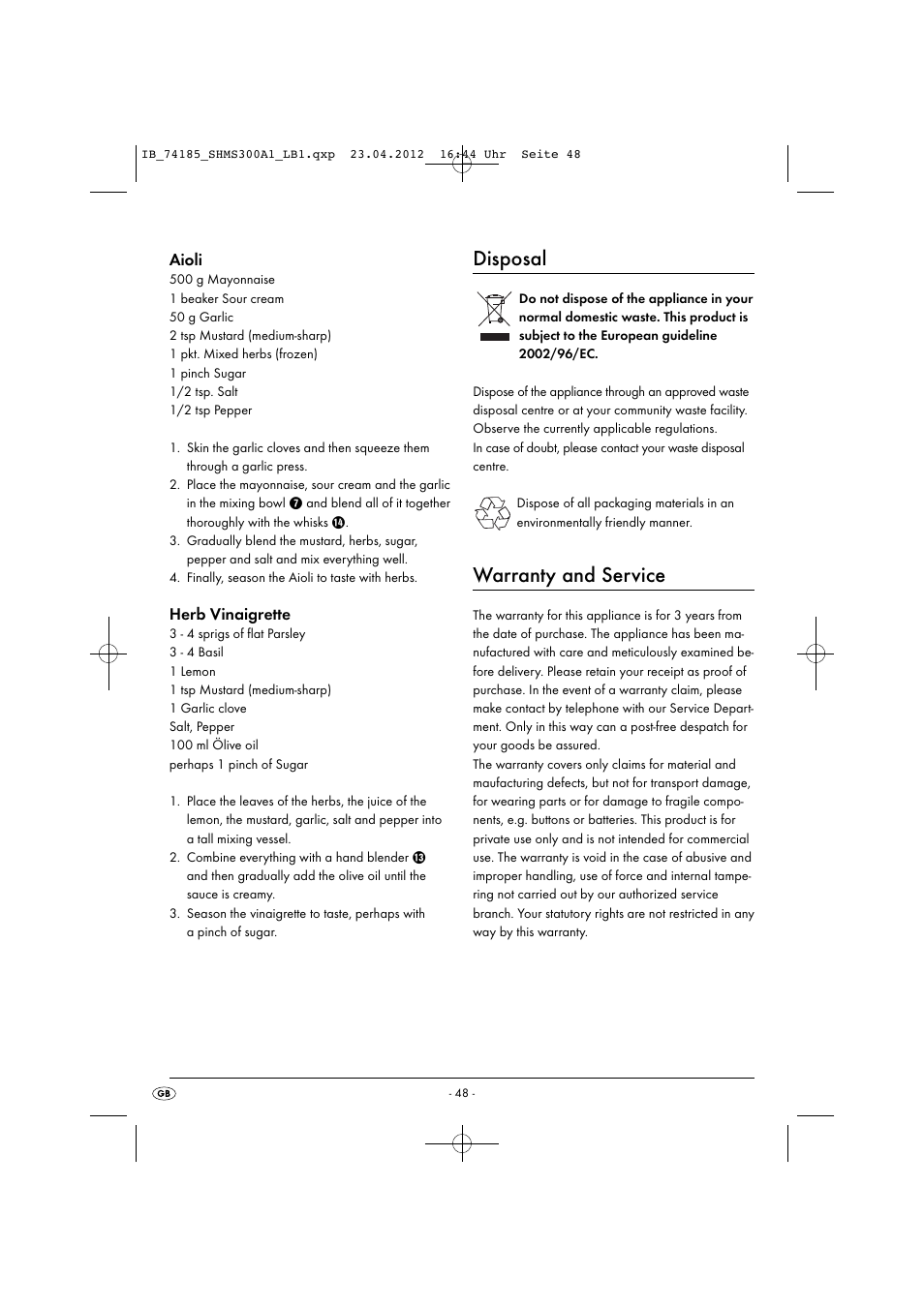 Disposal, Warranty and service, Aioli | Herb vinaigrette | Silvercrest SHMS 300 A1 User Manual | Page 50 / 51