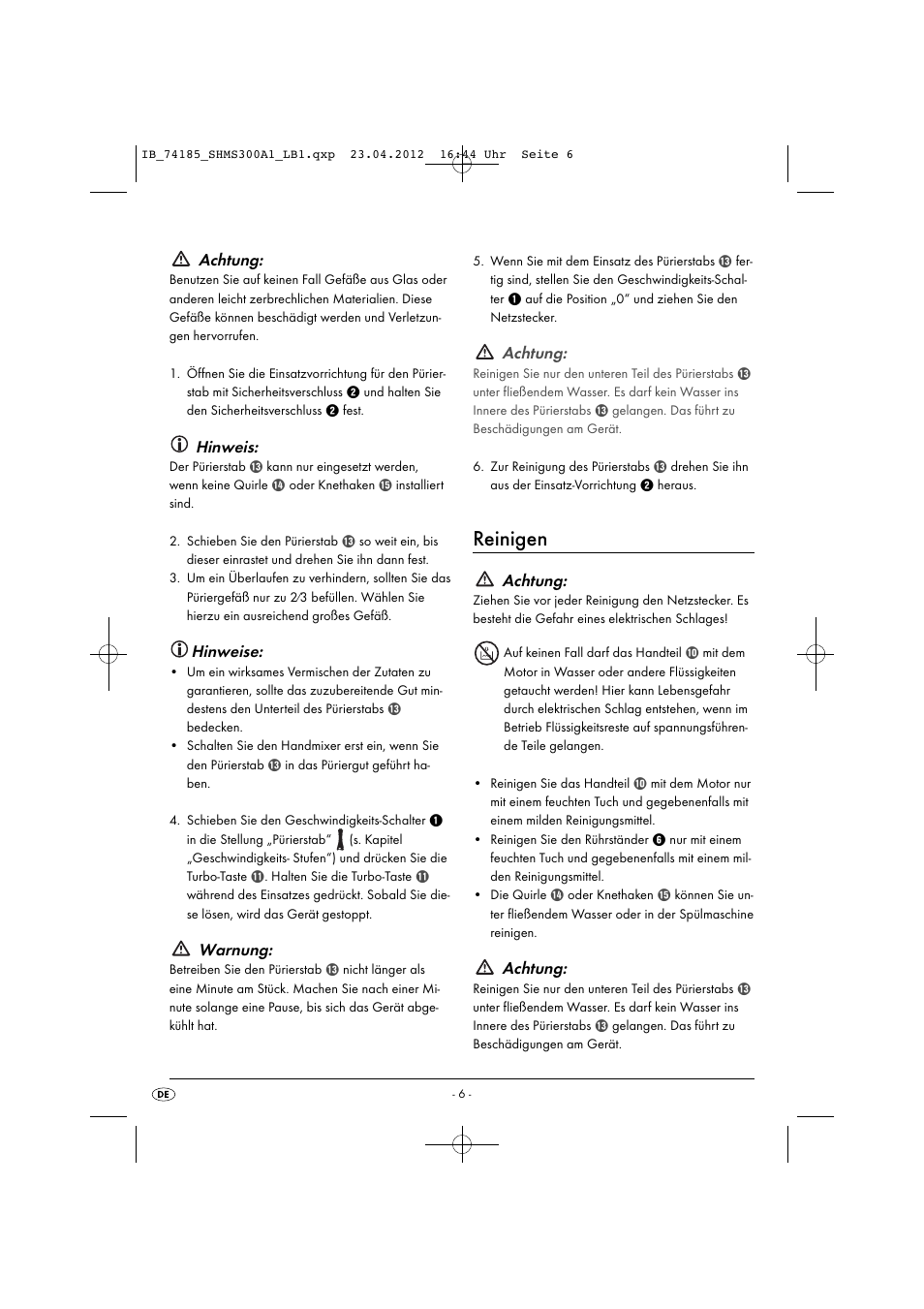 Reinigen, Achtung, Hinweis | Hinweise, Warnung | Silvercrest SHMS 300 A1 User Manual | Page 8 / 51