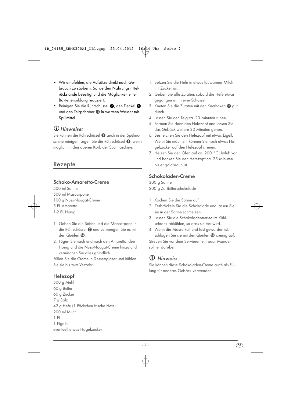 Rezepte, Hinweise, Schoko-amaretto-creme | Hefezopf, Schokoladen-creme, Hinweis | Silvercrest SHMS 300 A1 User Manual | Page 9 / 51