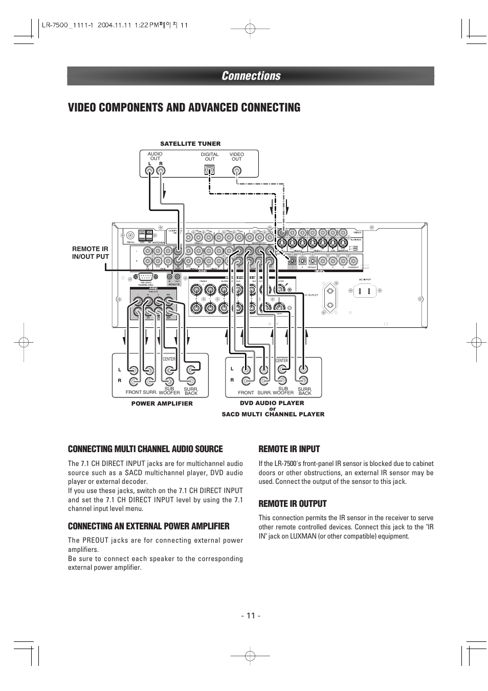 Video components and advanced connecting, Connections, Connecting multi channel audio source | Connecting an external power amplifier, Remote ir input, Remote ir output | Luxman LR-7500 User Manual | Page 11 / 36