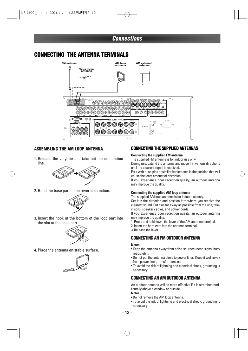 Connecting the antenna terminals, Connections | Luxman LR-7500 User Manual | Page 12 / 36
