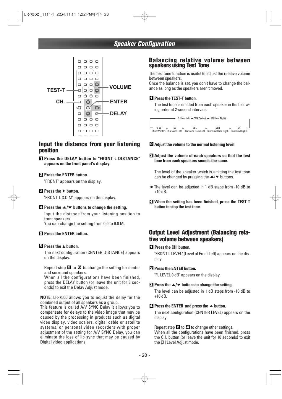 Speaker configuration, Input the distance from your listening position | Luxman LR-7500 User Manual | Page 20 / 36