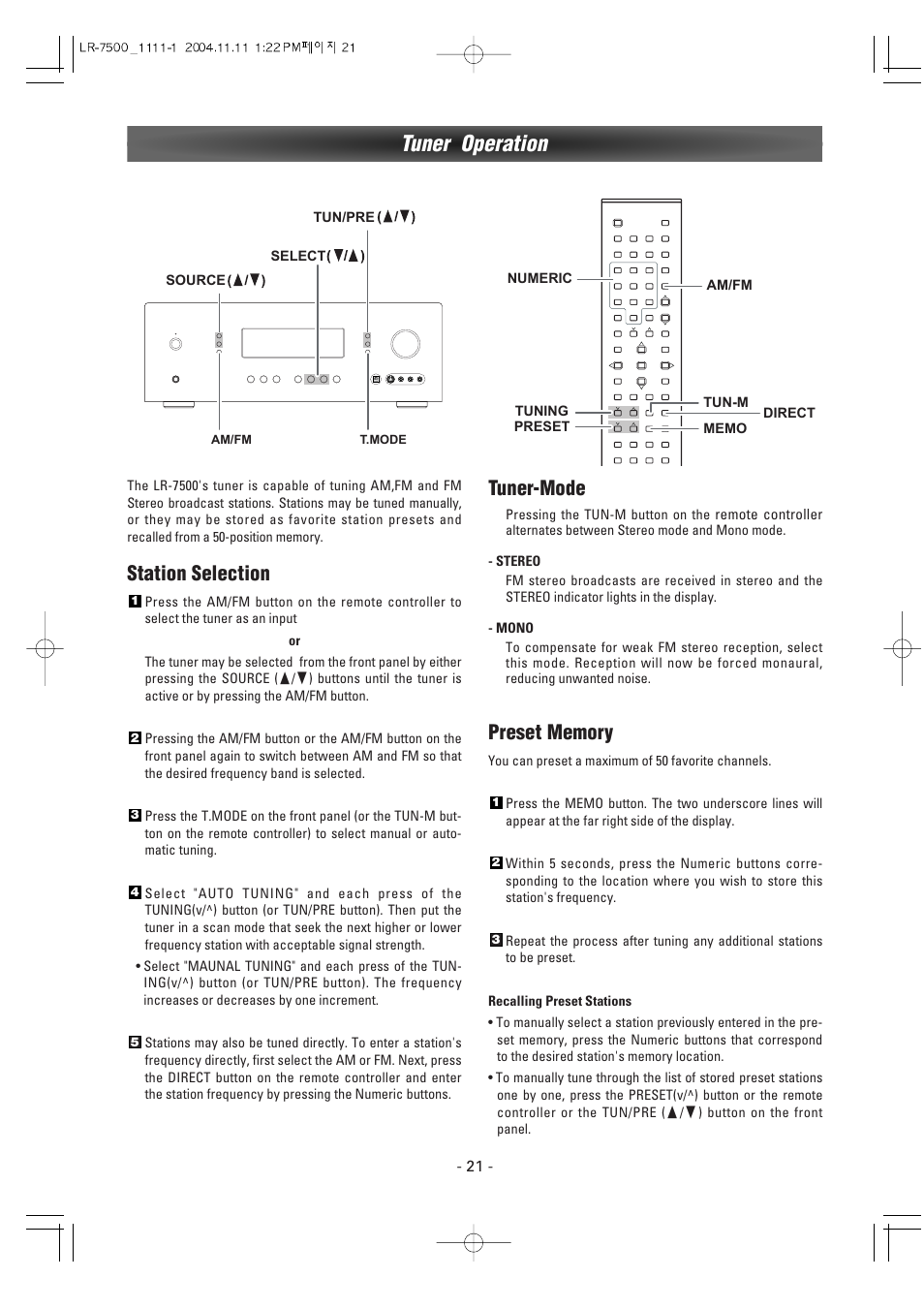 Tuner operation, Station selection, Tuner-mode | Luxman LR-7500 User Manual | Page 21 / 36