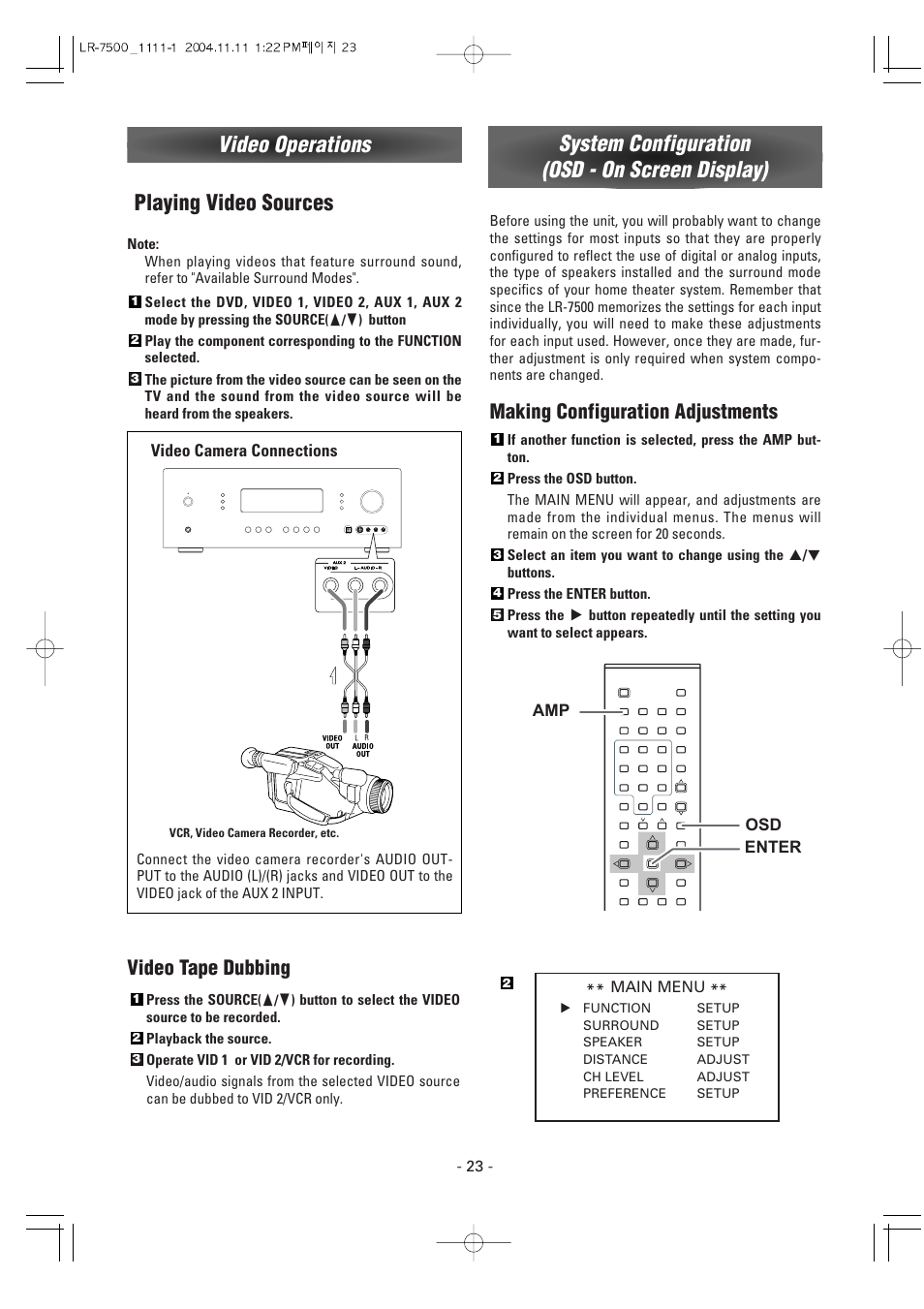 Playing video sources, Video tape dubbing, Making configuration adjustments | Luxman LR-7500 User Manual | Page 23 / 36