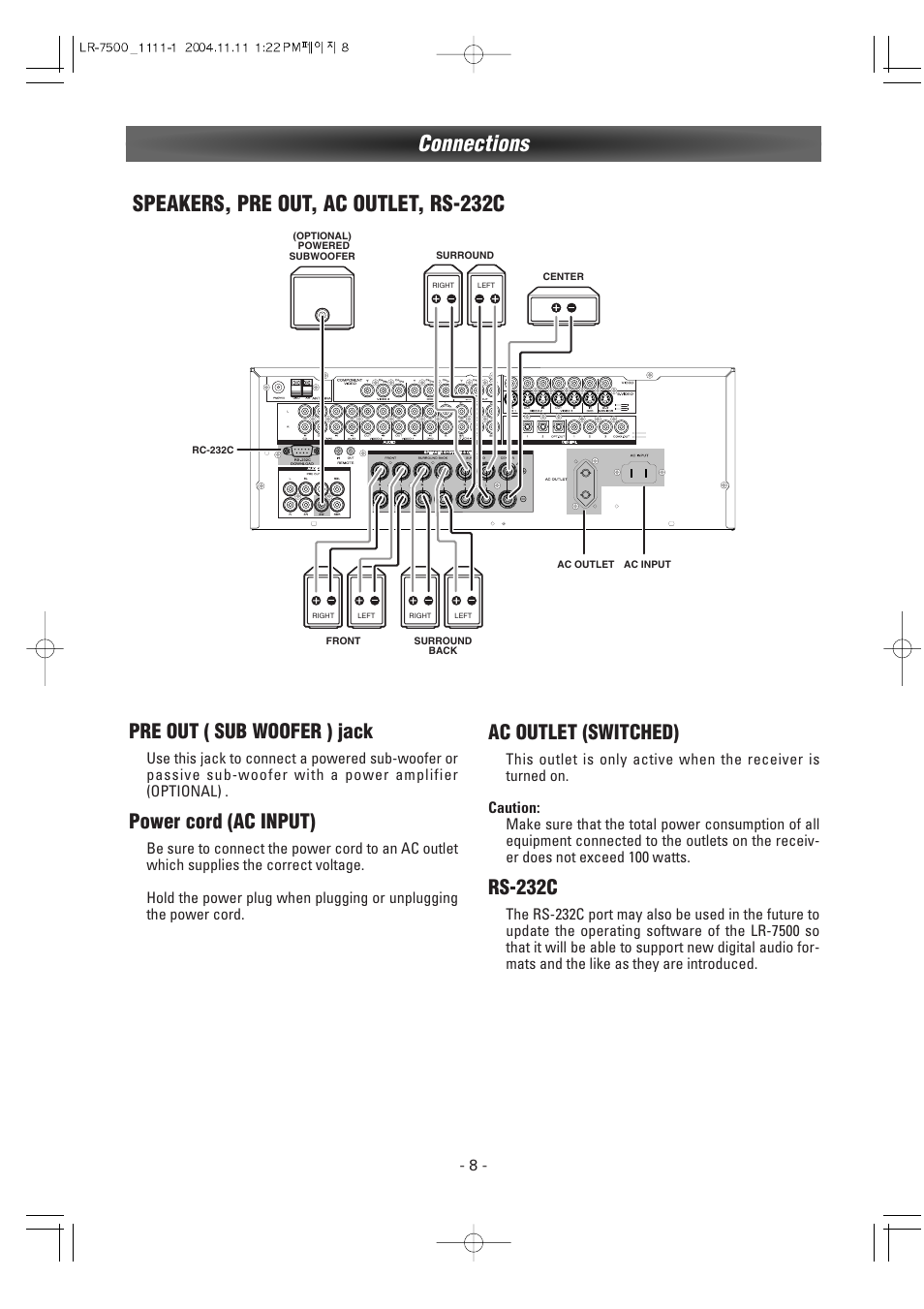 Connections, Speakers, pre out, ac outlet, rs-232c, Pre out ( sub woofer ) jack | Power cord (ac input), Ac outlet (switched), Rs-232c | Luxman LR-7500 User Manual | Page 8 / 36