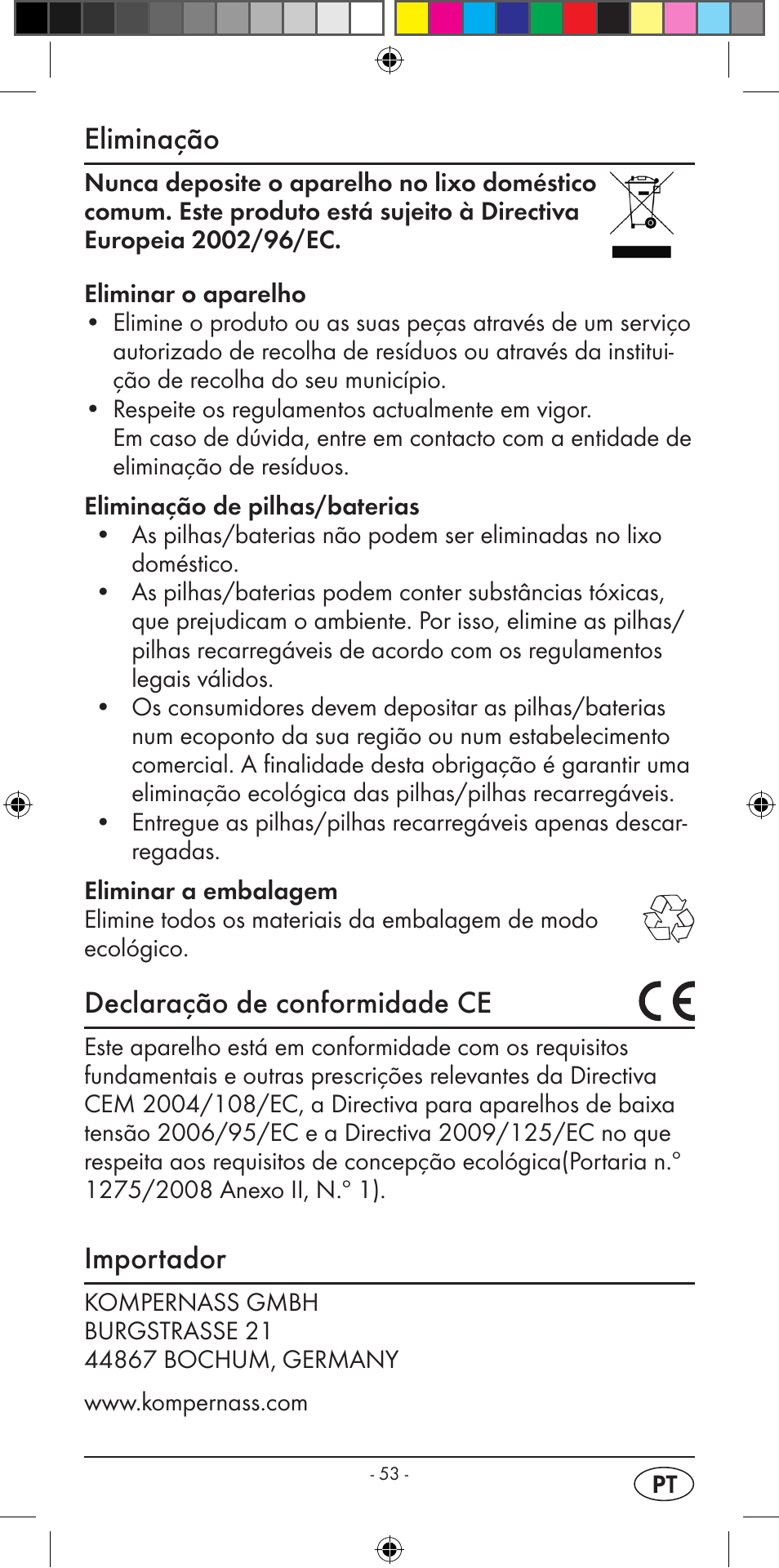 Eliminação, Declaração de conformidade ce, Importador | Silvercrest KH 2299 User Manual | Page 55 / 94