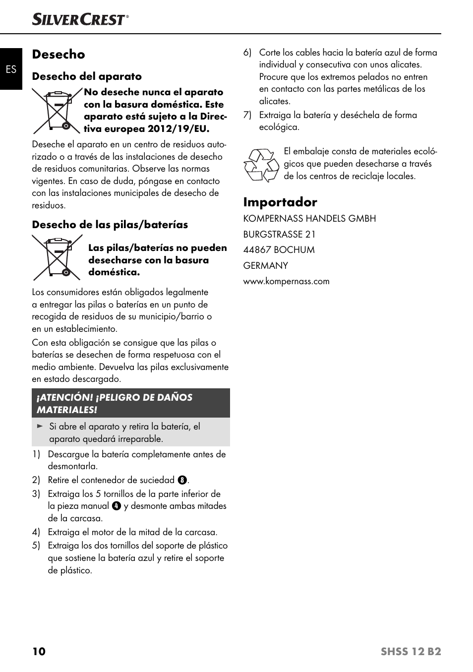 Desecho, Importador | Silvercrest SHSS 12 B2 User Manual | Page 13 / 54
