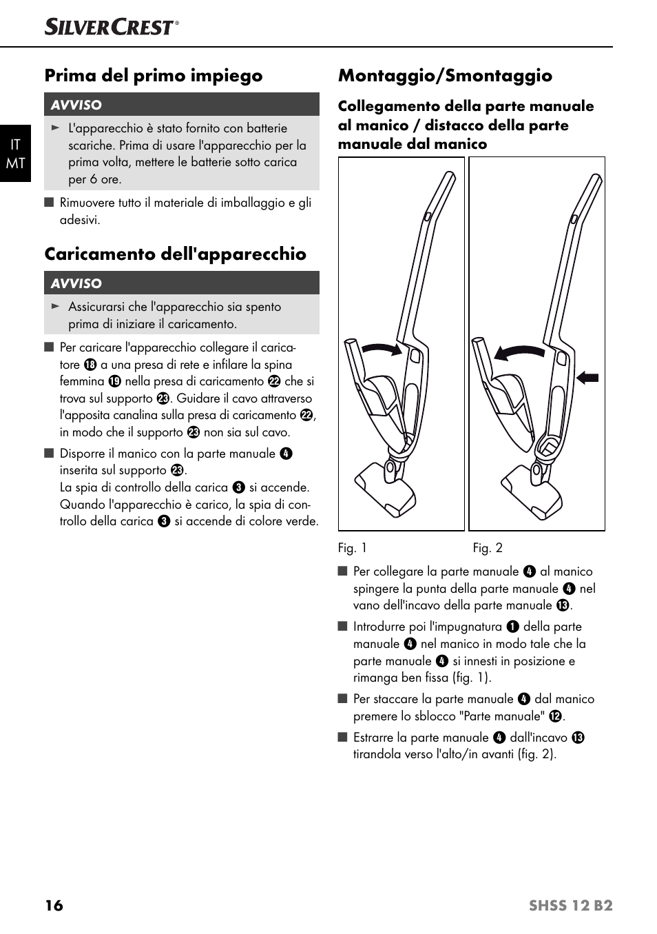 Prima del primo impiego, Caricamento dell'apparecchio, Montaggio/smontaggio | Silvercrest SHSS 12 B2 User Manual | Page 19 / 54