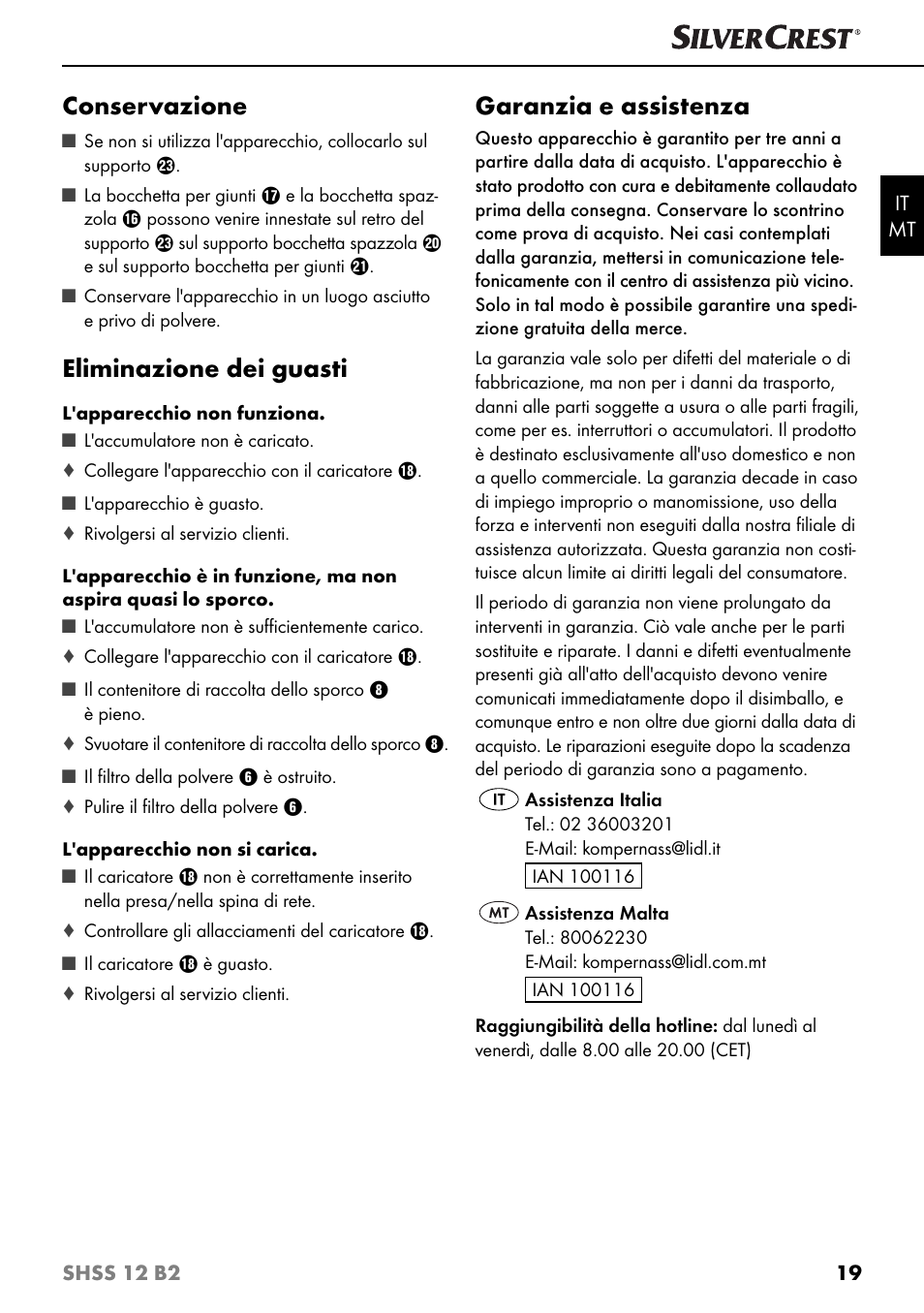 Conservazione, Eliminazione dei guasti, Garanzia e assistenza | Silvercrest SHSS 12 B2 User Manual | Page 22 / 54