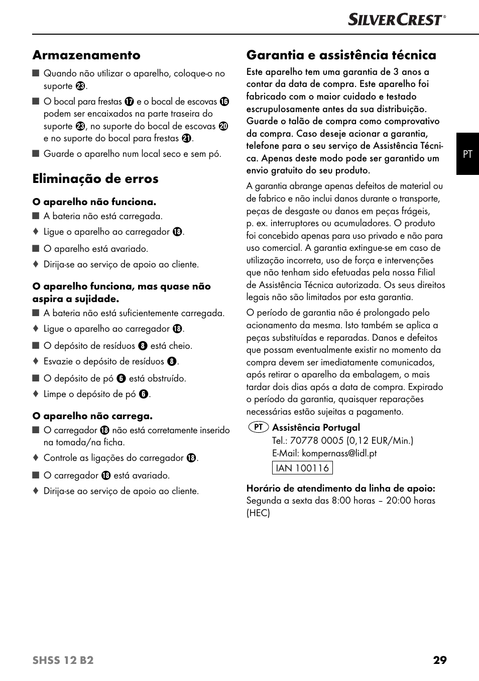 Armazenamento, Eliminação de erros, Garantia e assistência técnica | Silvercrest SHSS 12 B2 User Manual | Page 32 / 54