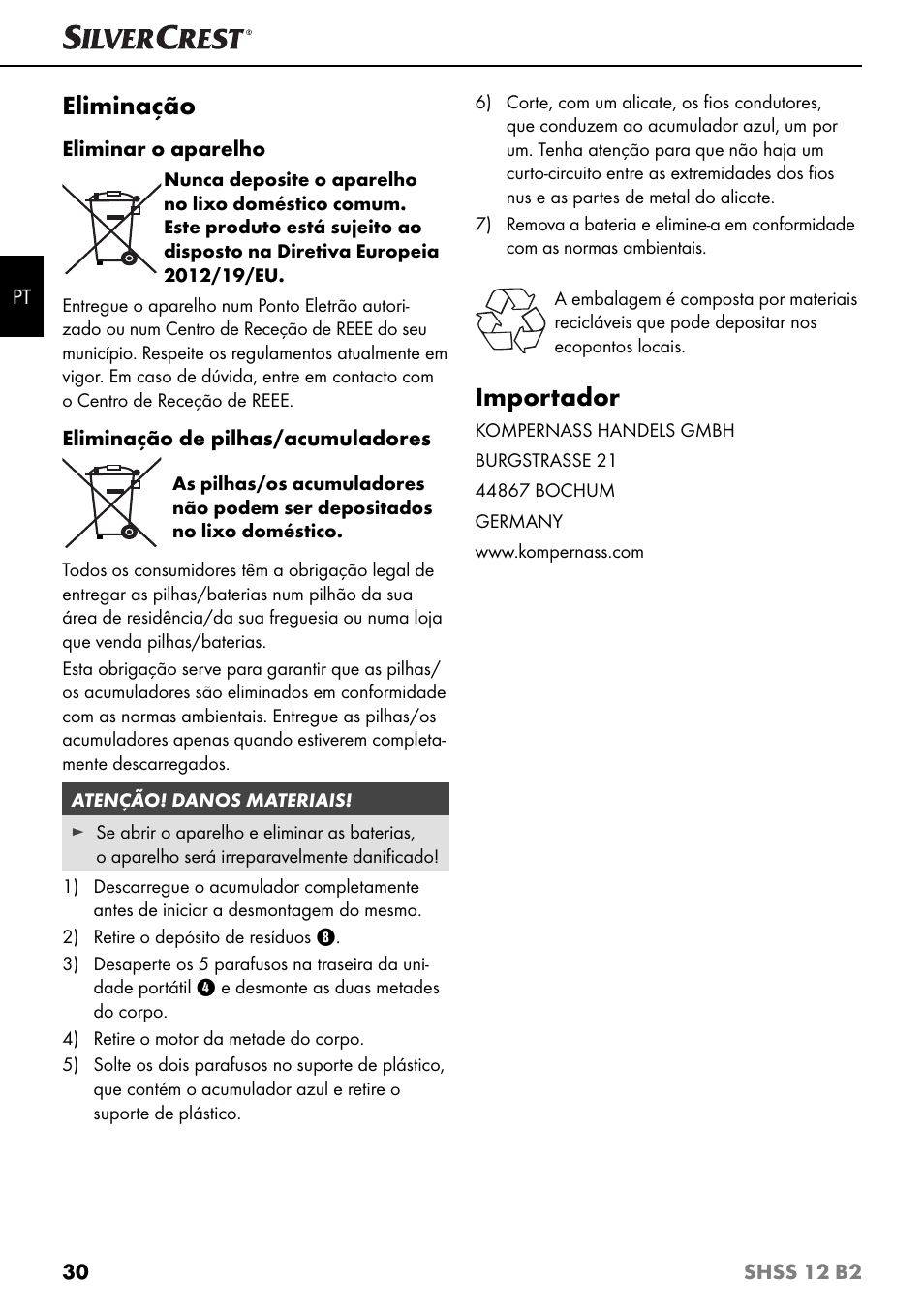 Eliminação, Importador | Silvercrest SHSS 12 B2 User Manual | Page 33 / 54