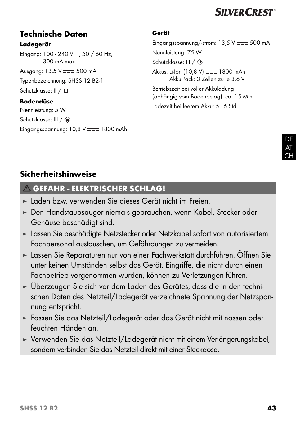 Technische daten, Sicherheitshinweise gefahr - elektrischer schlag | Silvercrest SHSS 12 B2 User Manual | Page 46 / 54