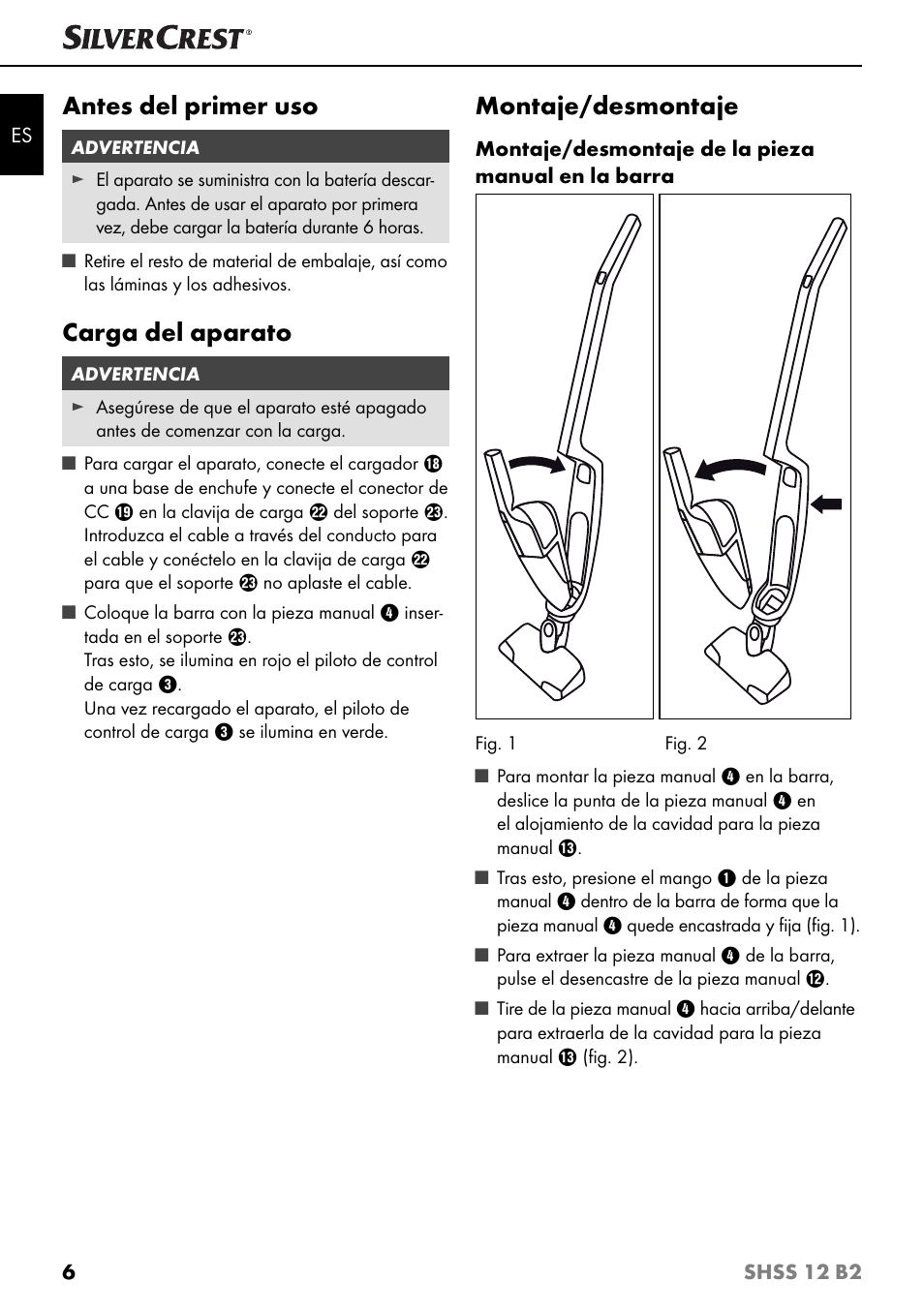 Antes del primer uso, Carga del aparato, Montaje/desmontaje | Silvercrest SHSS 12 B2 User Manual | Page 9 / 54