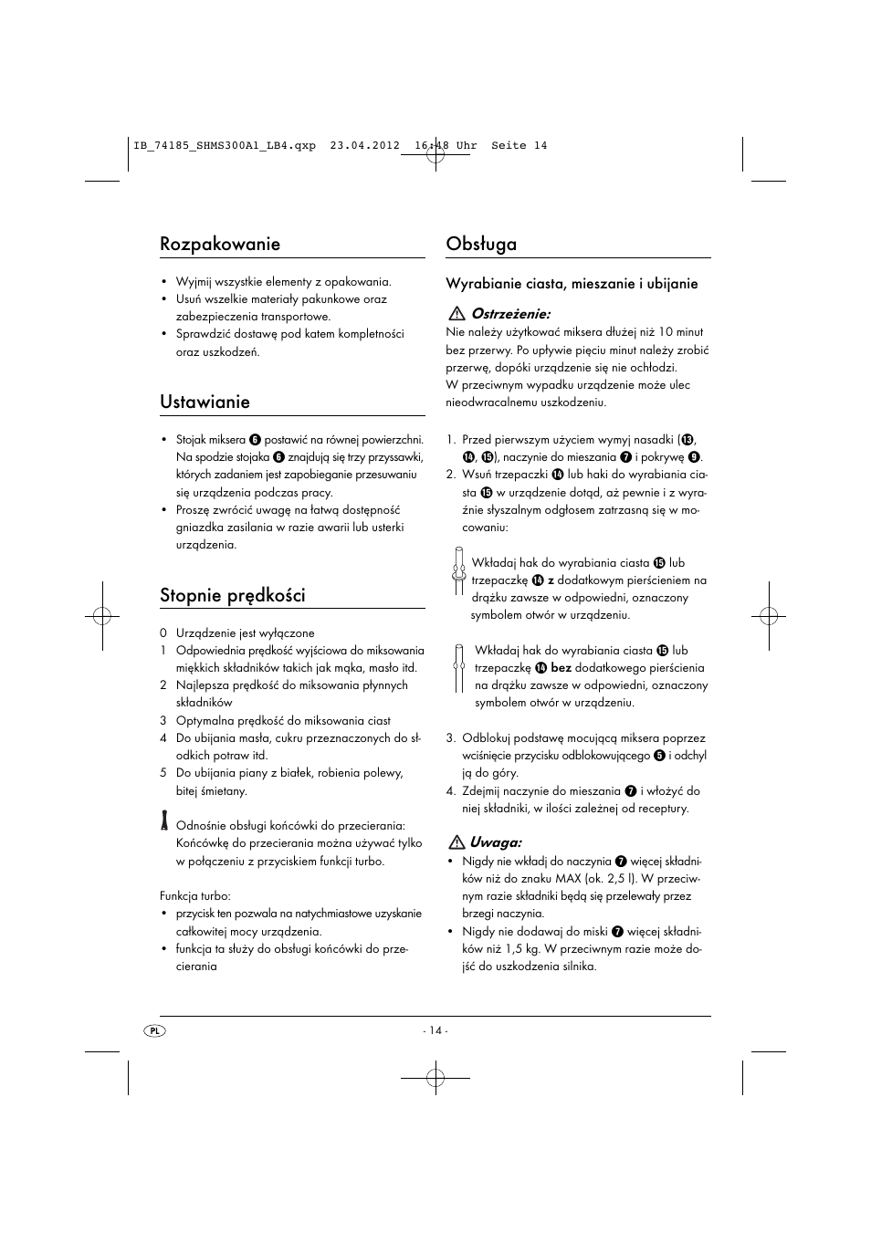 Rozpakowanie, Ustawianie, Stopnie prędkości | Obsługa, Uwaga | Silvercrest SHMS 300 A1 User Manual | Page 16 / 51