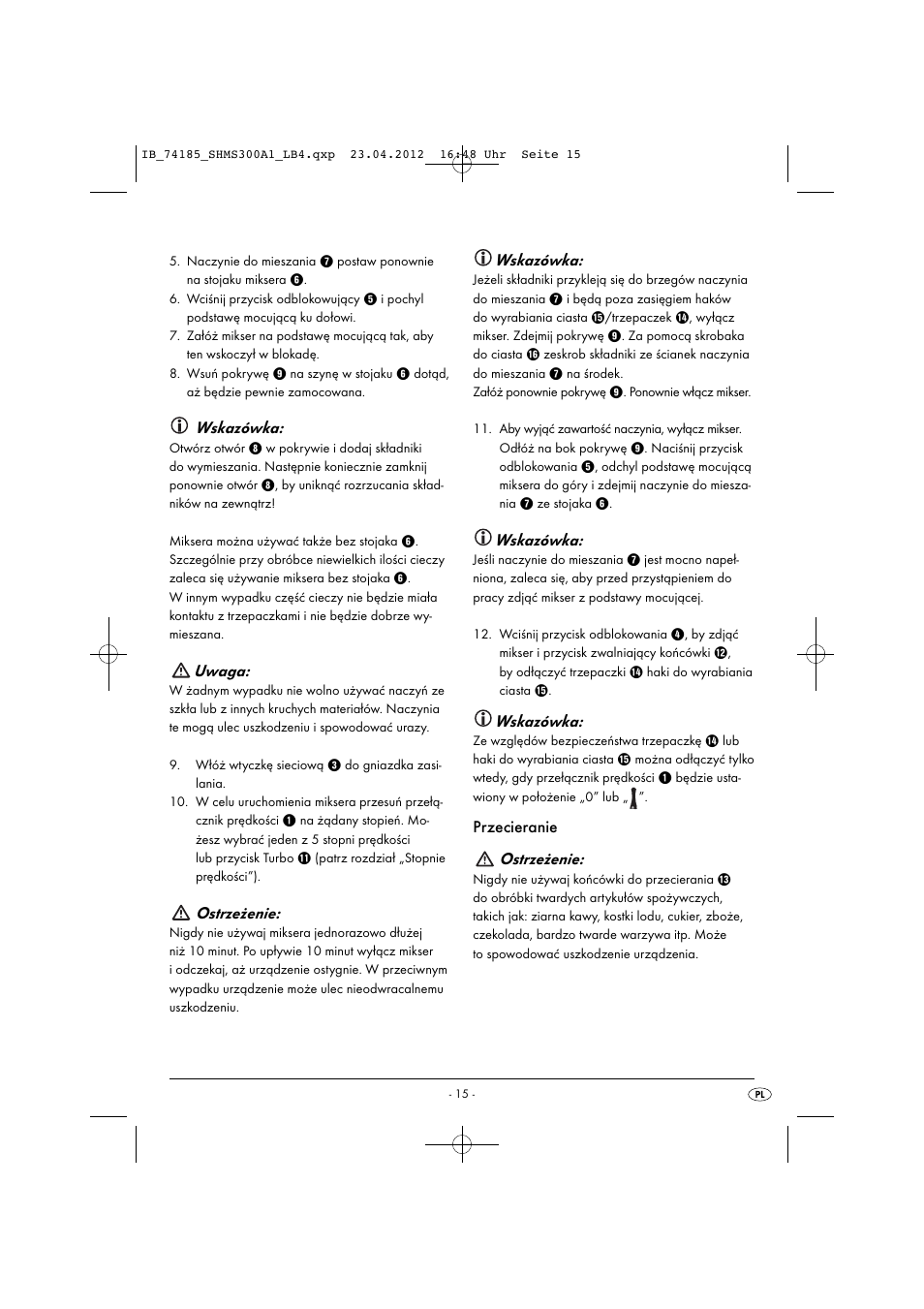 Wskazówka, Uwaga, Ostrzeżenie | Przecieranie ostrzeżenie | Silvercrest SHMS 300 A1 User Manual | Page 17 / 51