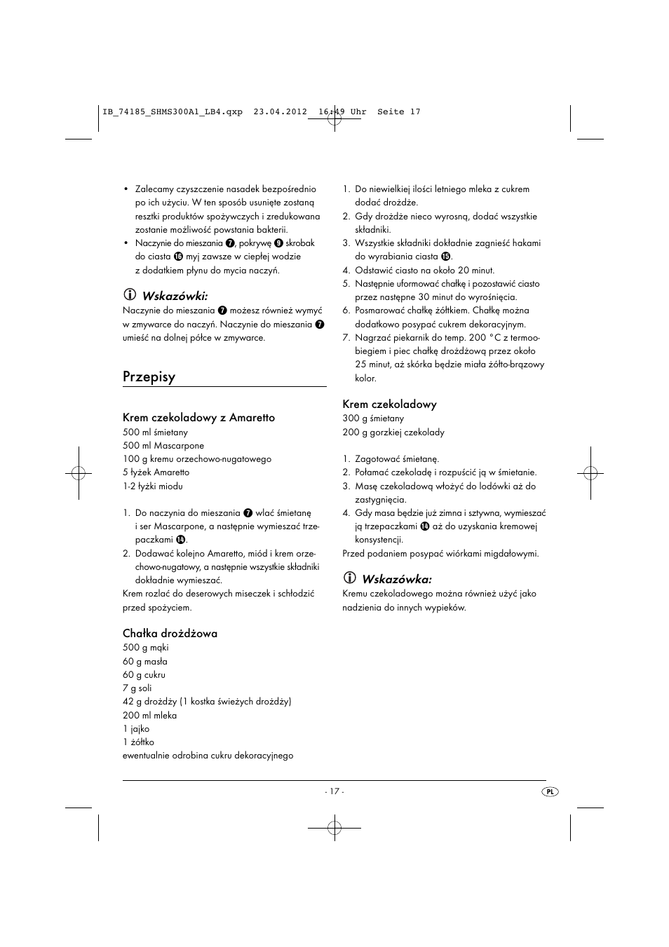 Przepisy, Wskazówki, Krem czekoladowy z amaretto | Chałka drożdżowa, Krem czekoladowy, Wskazówka | Silvercrest SHMS 300 A1 User Manual | Page 19 / 51