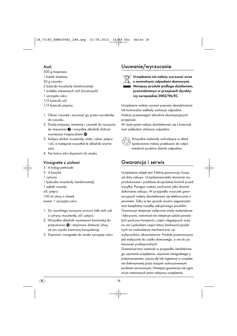 Usuwanie/wyrzucanie, Gwarancja i serwis, Aioli | Vinaigrette z ziołami | Silvercrest SHMS 300 A1 User Manual | Page 20 / 51