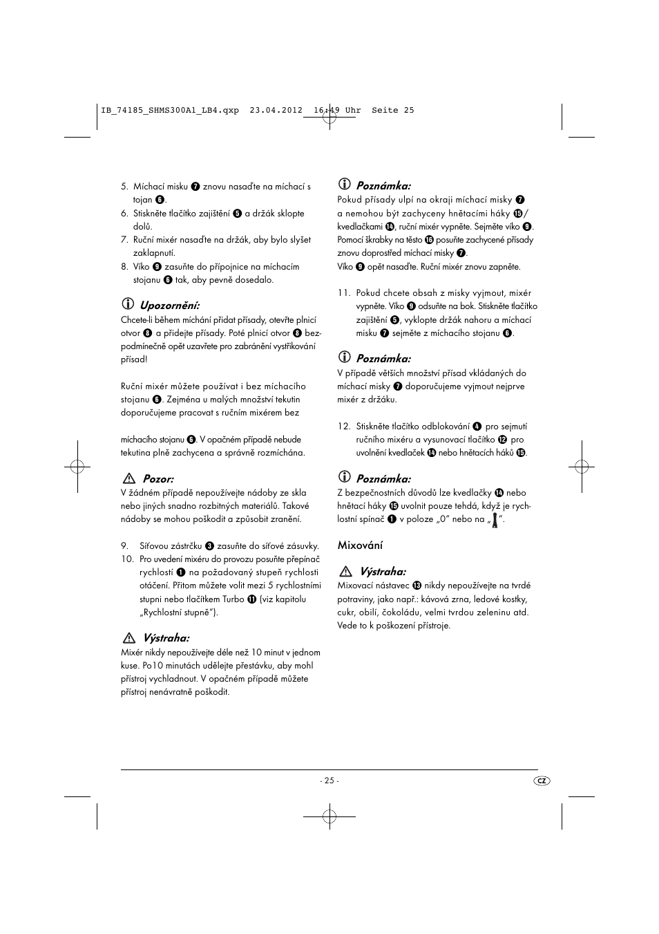 Upozornění, Pozor, Výstraha | Poznámka, Mixování výstraha | Silvercrest SHMS 300 A1 User Manual | Page 27 / 51