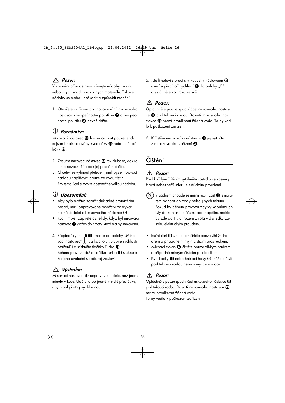 Čištění, Pozor, Poznámka | Upozornění, Výstraha | Silvercrest SHMS 300 A1 User Manual | Page 28 / 51