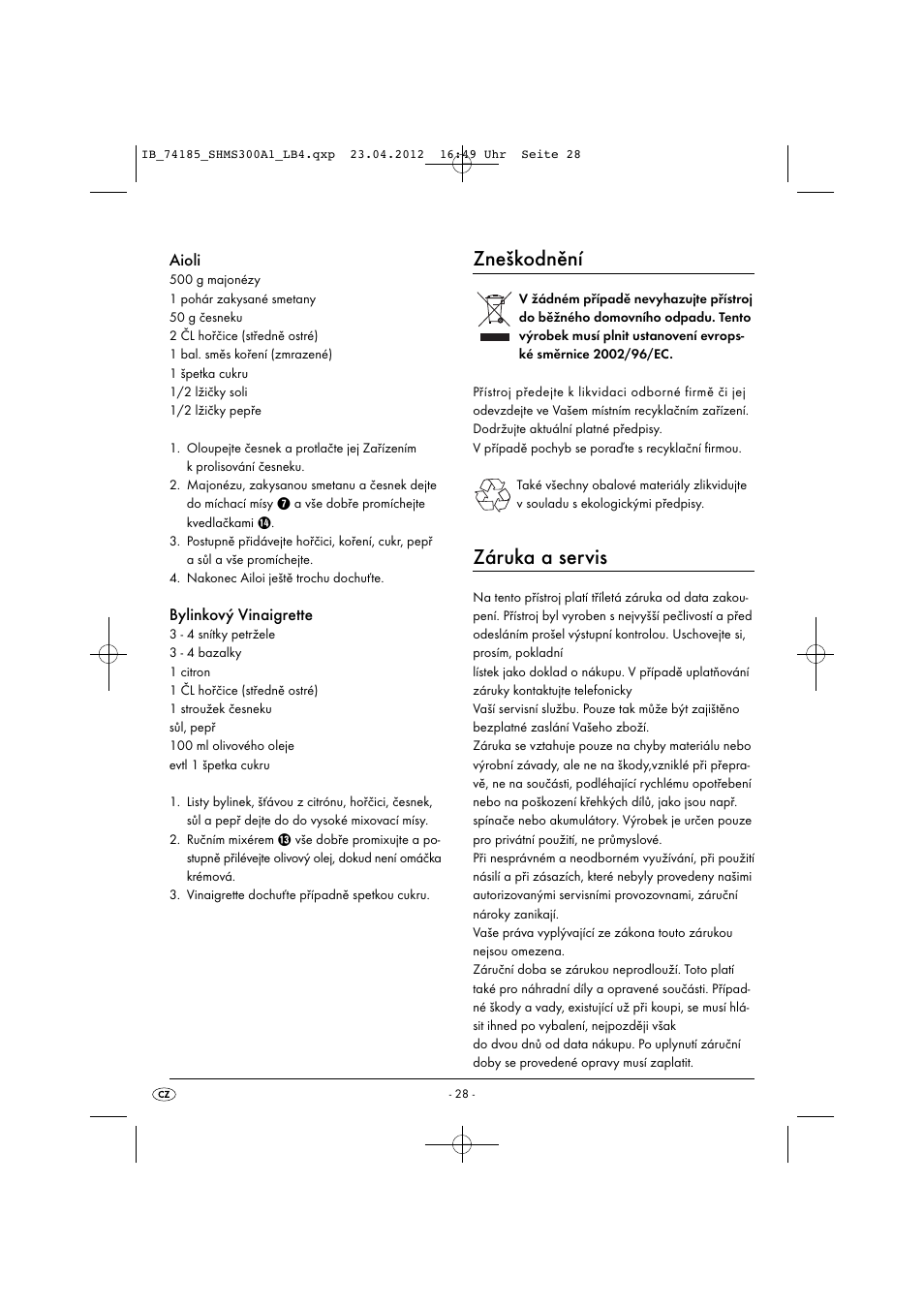 Zneškodnění, Záruka a servis, Aioli | Bylinkový vinaigrette | Silvercrest SHMS 300 A1 User Manual | Page 30 / 51