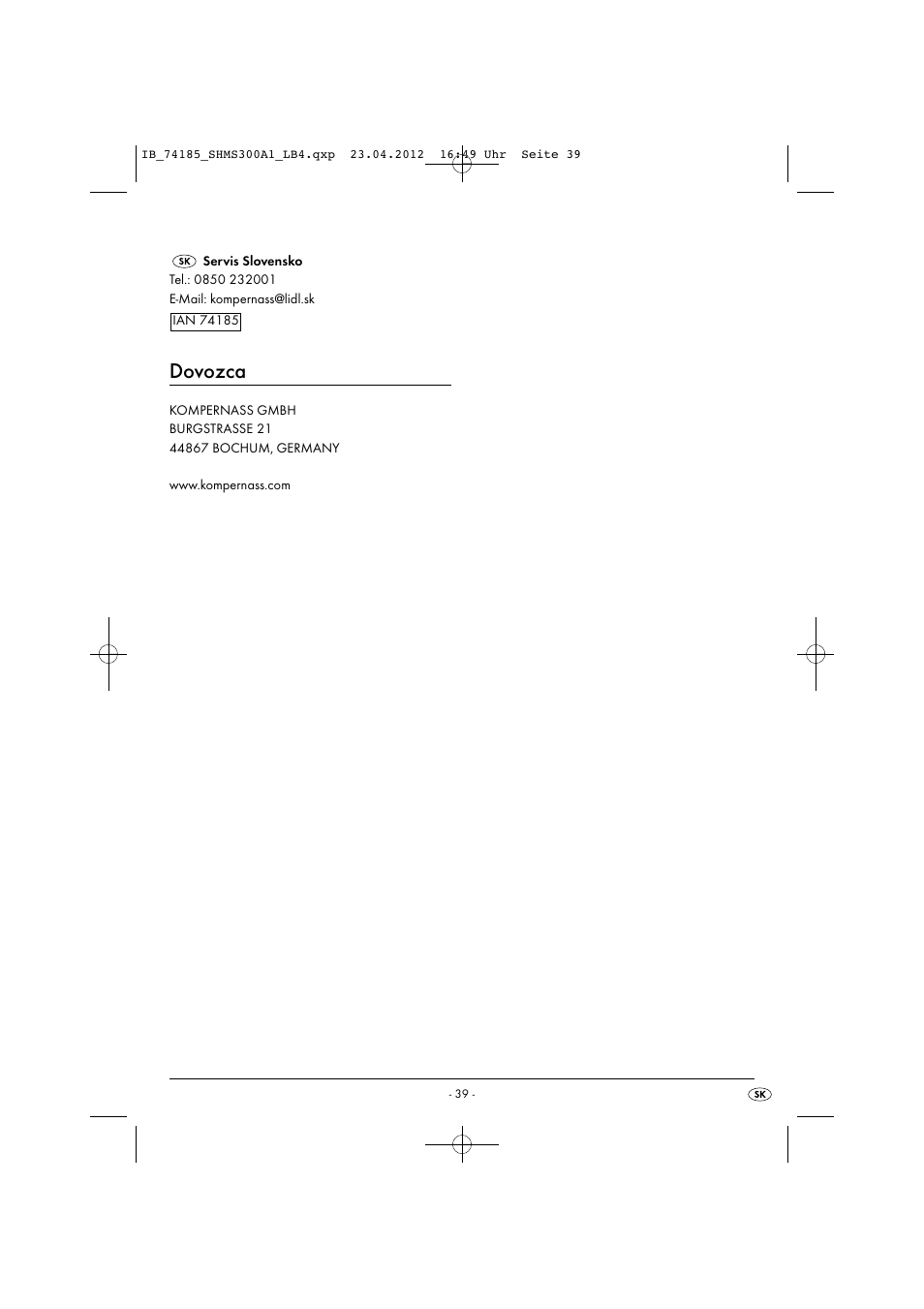 Dovozca | Silvercrest SHMS 300 A1 User Manual | Page 41 / 51