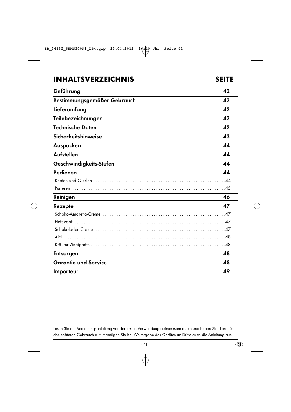 Inhaltsverzeichnis seite | Silvercrest SHMS 300 A1 User Manual | Page 43 / 51