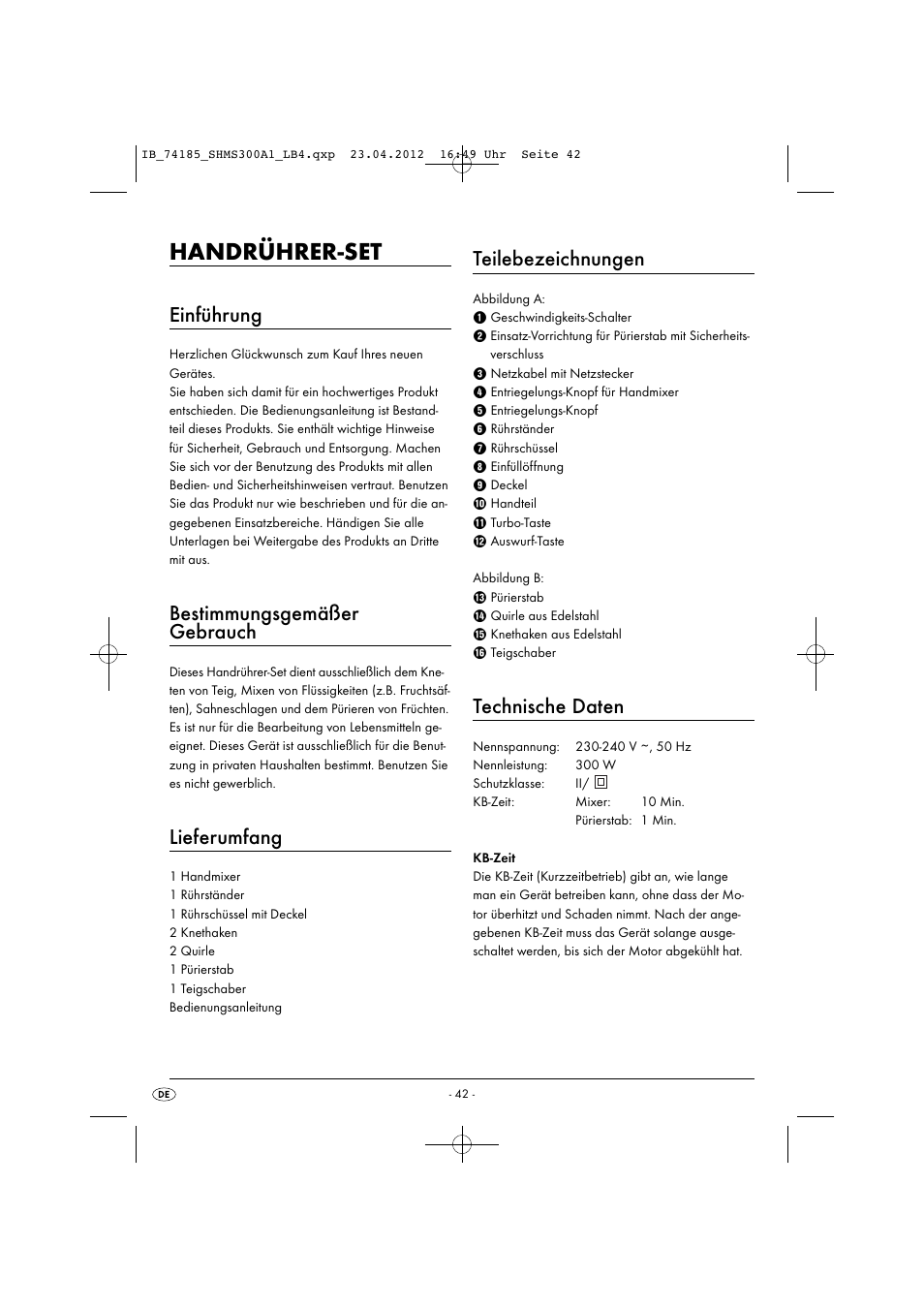 Handrührer-set, Einführung, Bestimmungsgemäßer gebrauch | Lieferumfang, Teilebezeichnungen, Technische daten | Silvercrest SHMS 300 A1 User Manual | Page 44 / 51