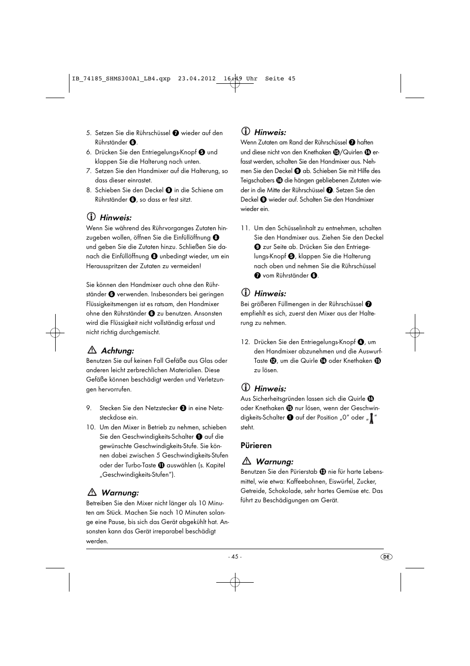 Hinweis, Achtung, Warnung | Pürieren warnung | Silvercrest SHMS 300 A1 User Manual | Page 47 / 51