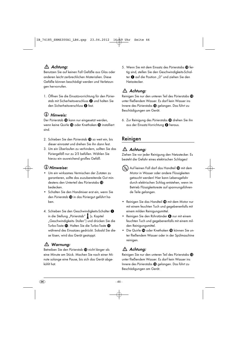 Reinigen, Achtung, Hinweis | Hinweise, Warnung | Silvercrest SHMS 300 A1 User Manual | Page 48 / 51