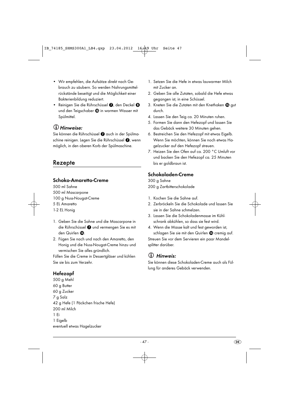 Rezepte, Hinweise, Schoko-amaretto-creme | Hefezopf, Schokoladen-creme, Hinweis | Silvercrest SHMS 300 A1 User Manual | Page 49 / 51