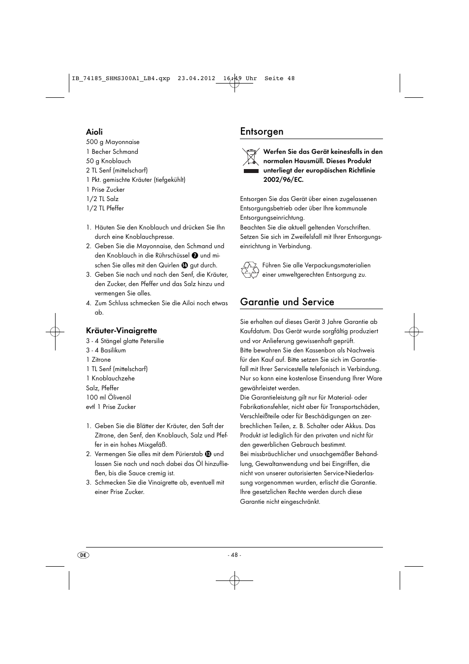 Entsorgen, Garantie und service, Aioli | Kräuter-vinaigrette | Silvercrest SHMS 300 A1 User Manual | Page 50 / 51