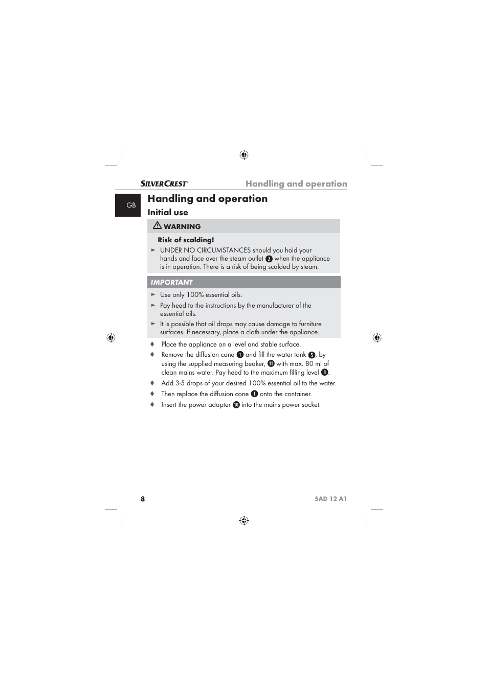 Handling and operation, Initial use | Silvercrest SAD 12 A1 User Manual | Page 10 / 86