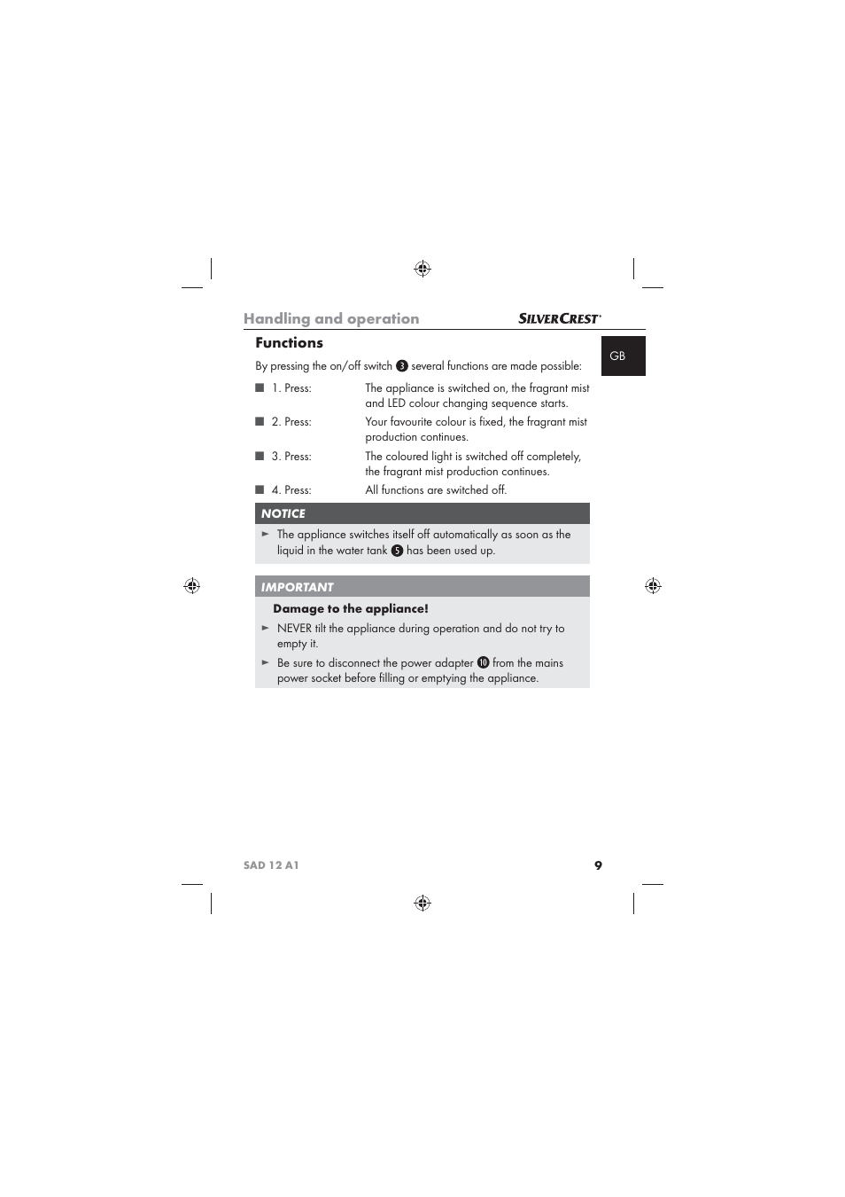 Handling and operation, Functions | Silvercrest SAD 12 A1 User Manual | Page 11 / 86