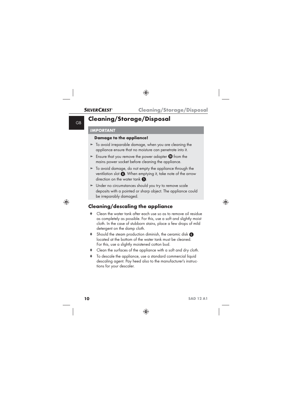 Cleaning/storage/disposal, Cleaning/descaling the appliance | Silvercrest SAD 12 A1 User Manual | Page 12 / 86