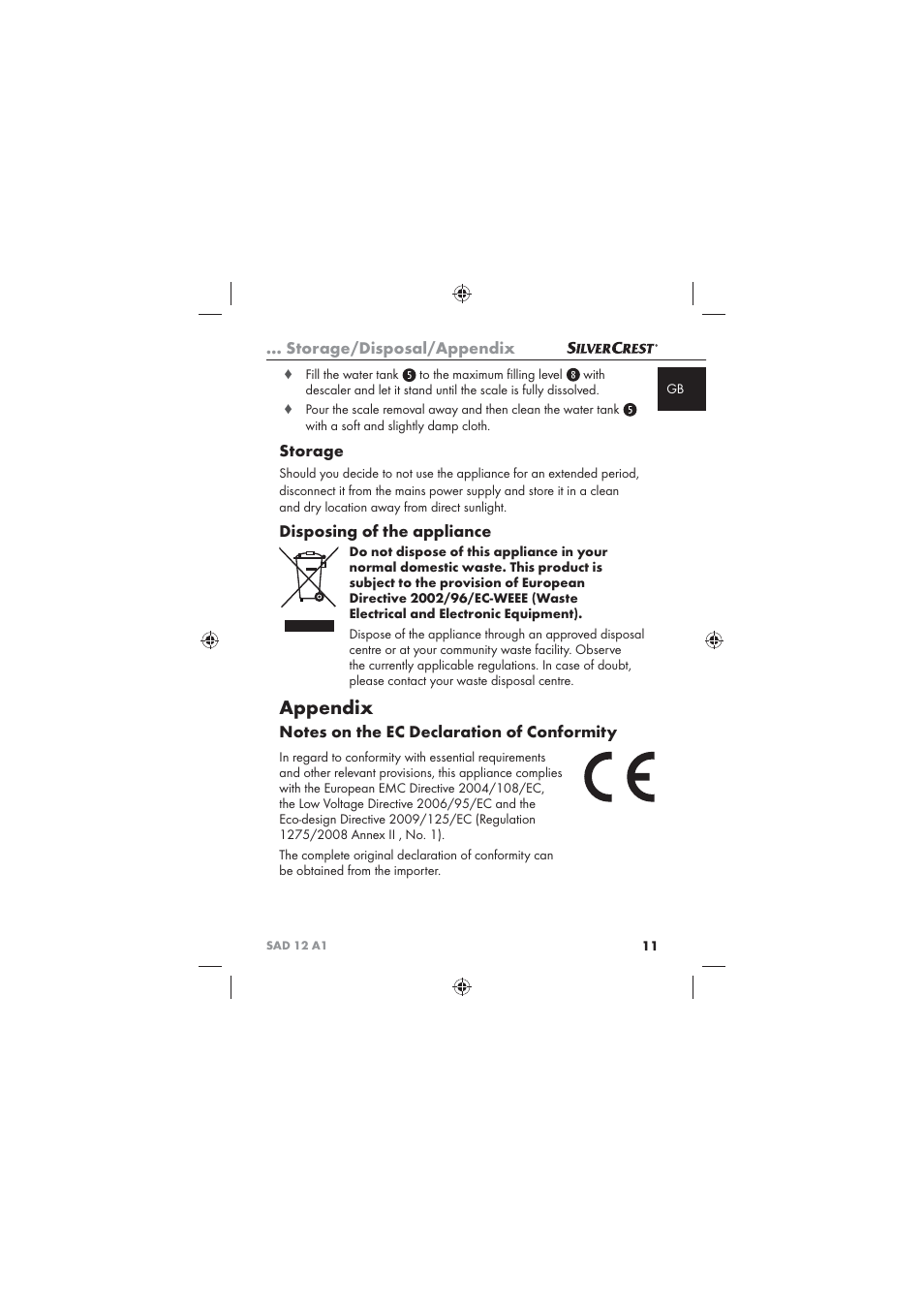 Appendix, Storage/disposal/appendix, Storage | Disposing of the appliance | Silvercrest SAD 12 A1 User Manual | Page 13 / 86