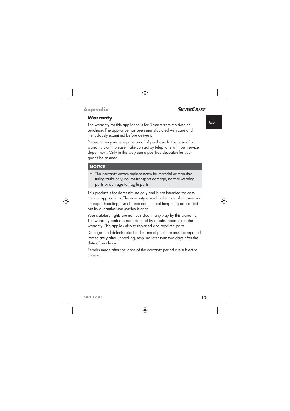 Appendix, Warranty | Silvercrest SAD 12 A1 User Manual | Page 15 / 86