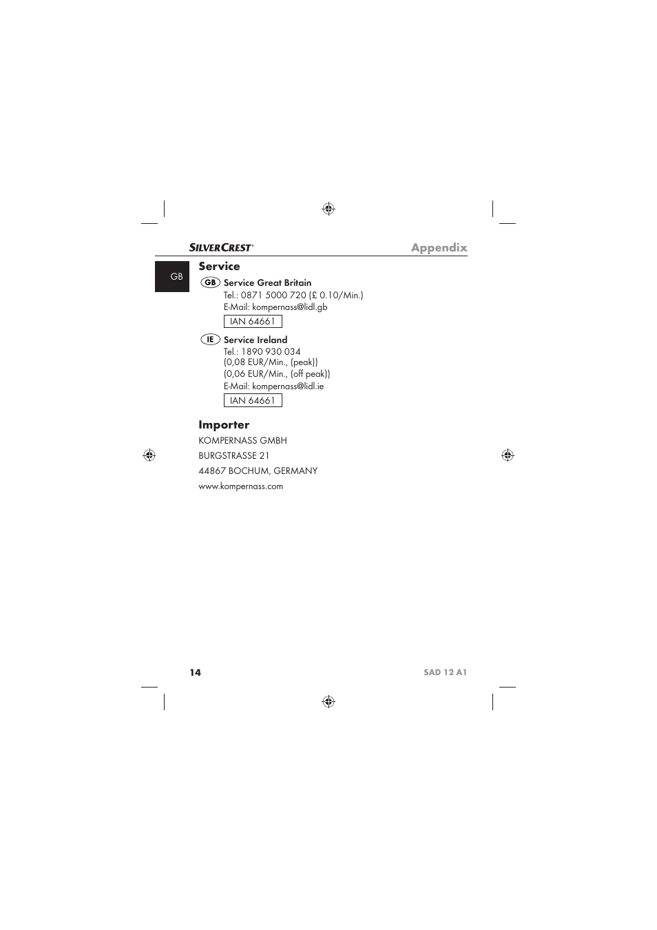 Appendix, Service, Importer | Silvercrest SAD 12 A1 User Manual | Page 16 / 86