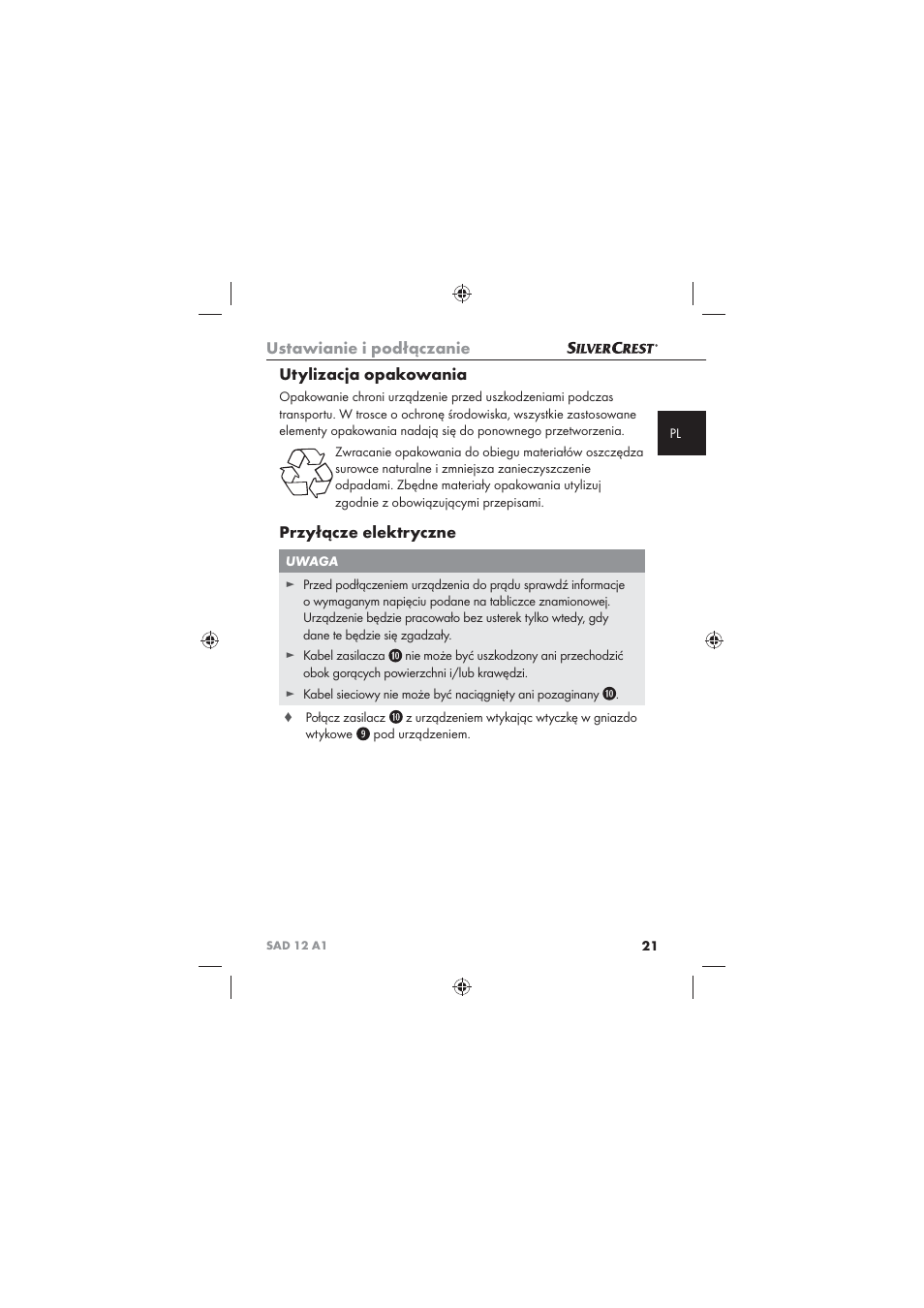 Ustawianie i podłączanie, Utylizacja opakowania, Przyłącze elektryczne | Silvercrest SAD 12 A1 User Manual | Page 23 / 86