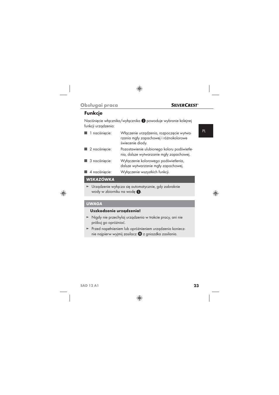 Obsługai praca, Funkcje | Silvercrest SAD 12 A1 User Manual | Page 25 / 86