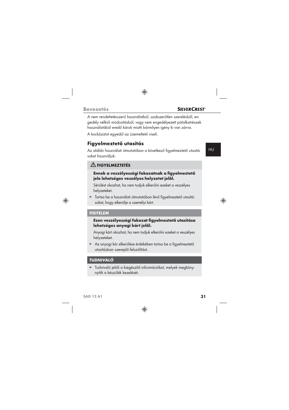Bevezetés, Figyelmeztető utasítás | Silvercrest SAD 12 A1 User Manual | Page 33 / 86