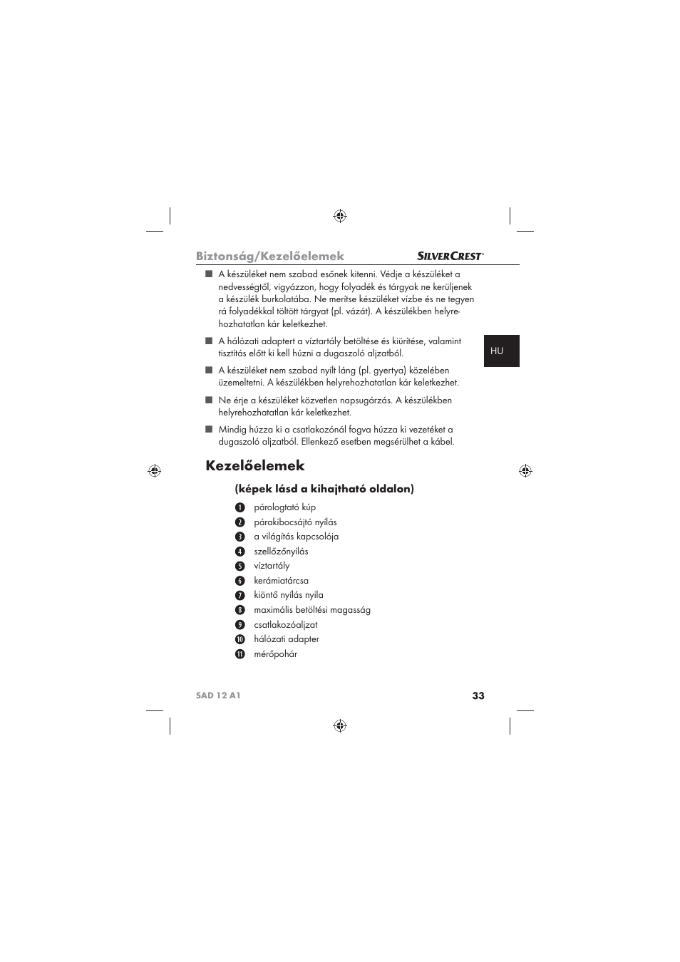 Kezelőelemek, Biztonság/kezelőelemek, Képek lásd a kihajtható oldalon) | Silvercrest SAD 12 A1 User Manual | Page 35 / 86