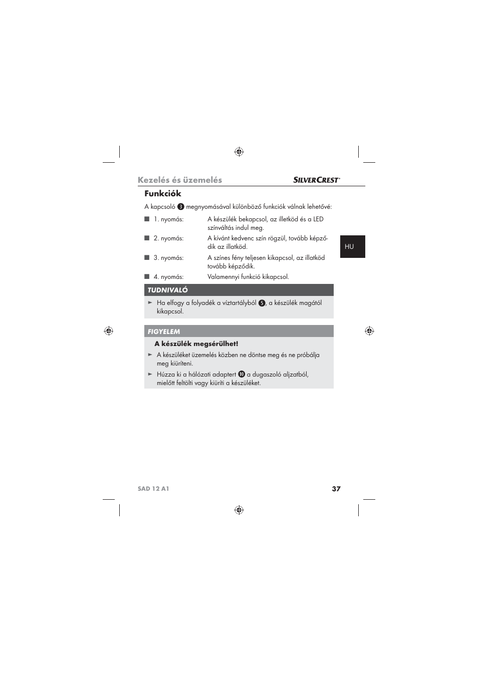 Kezelés és üzemelés, Funkciók | Silvercrest SAD 12 A1 User Manual | Page 39 / 86