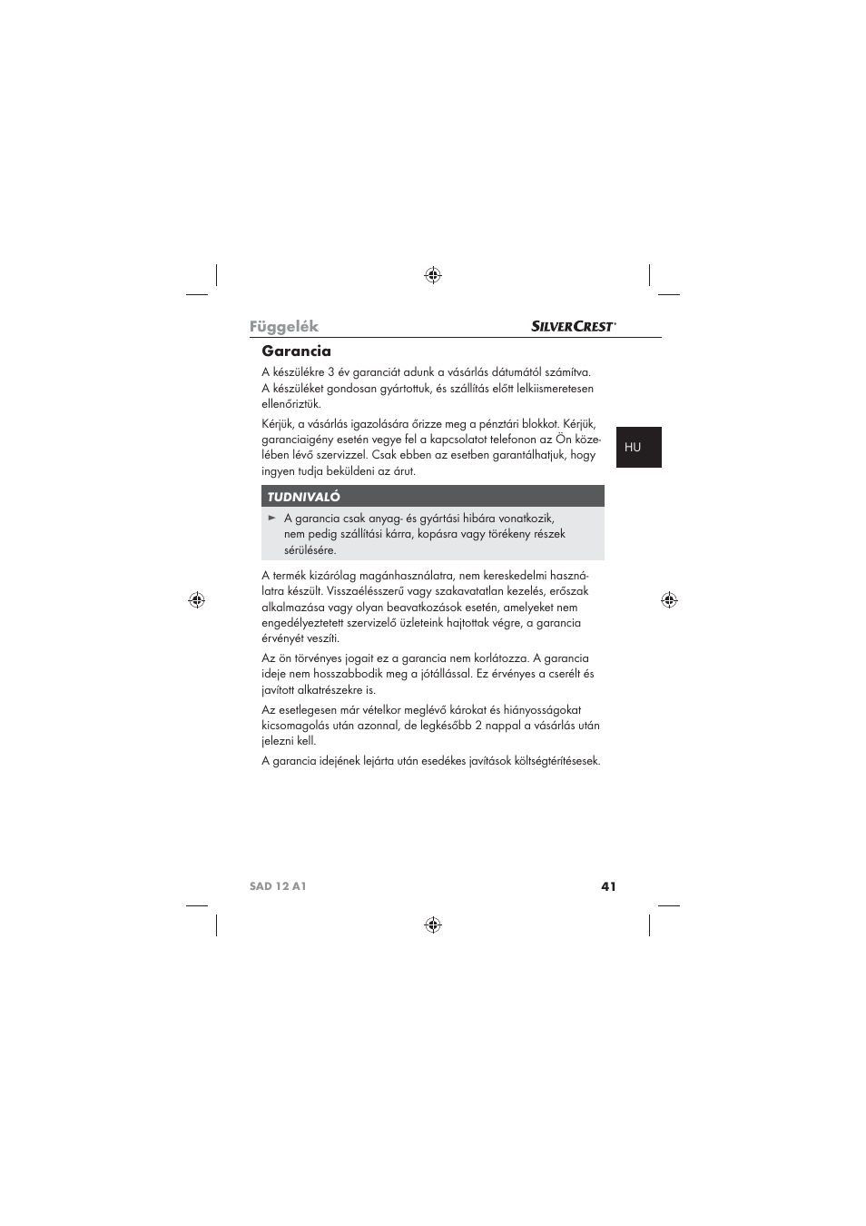 Függelék, Garancia | Silvercrest SAD 12 A1 User Manual | Page 43 / 86