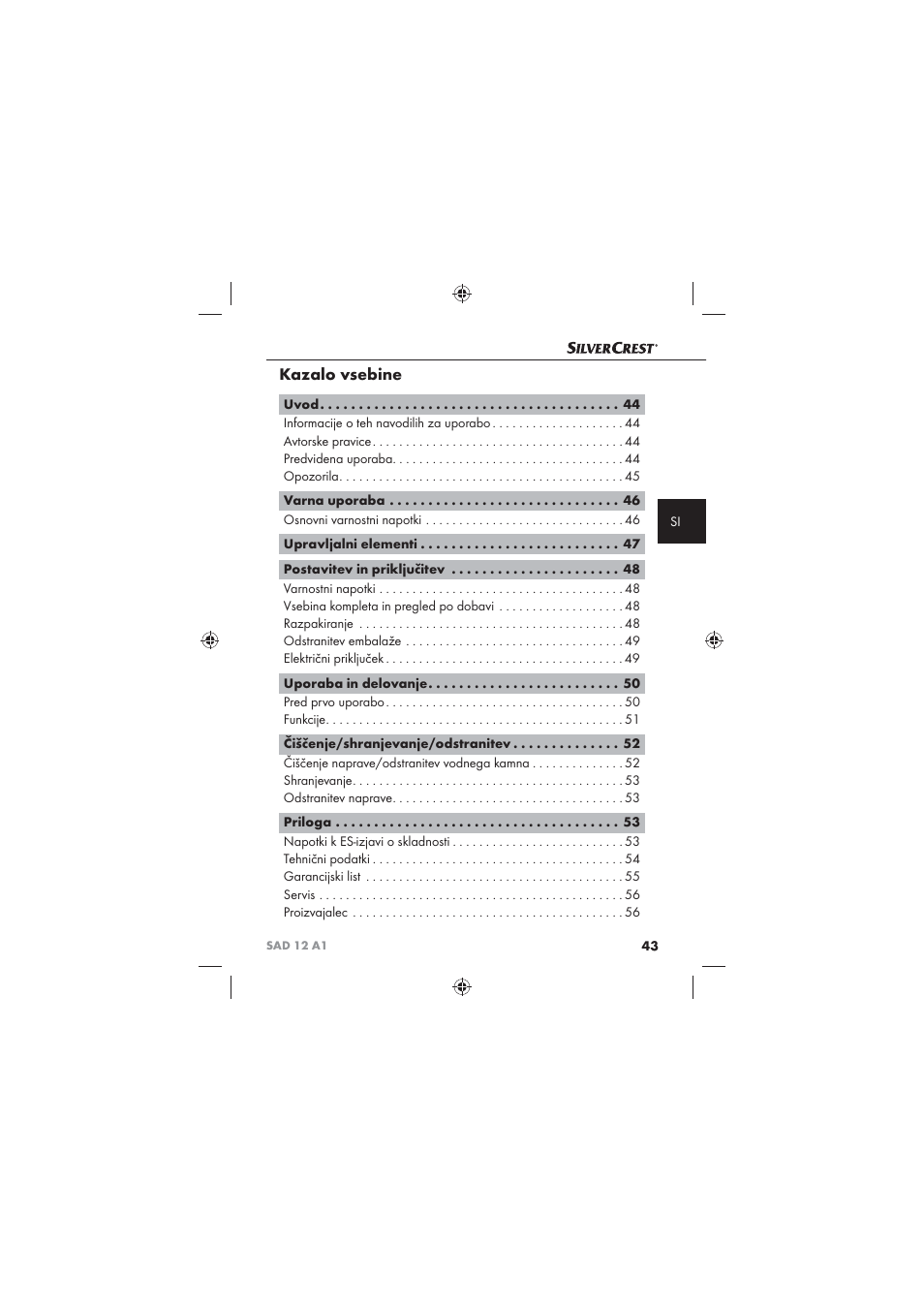 Kazalo vsebine | Silvercrest SAD 12 A1 User Manual | Page 45 / 86