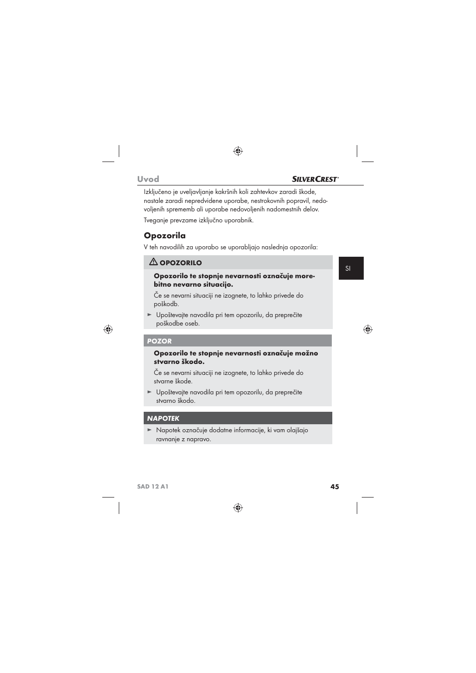Uvod, Opozorila | Silvercrest SAD 12 A1 User Manual | Page 47 / 86