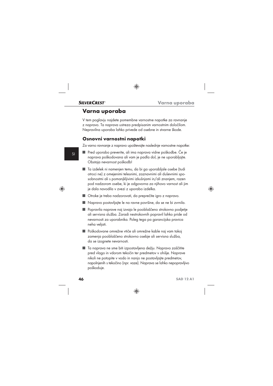 Varna uporaba, Osnovni varnostni napotki | Silvercrest SAD 12 A1 User Manual | Page 48 / 86