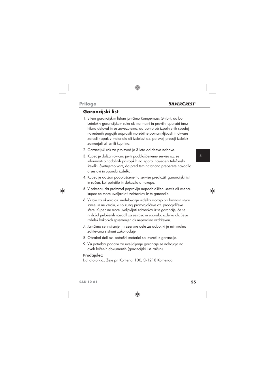 Priloga, Garancijski list | Silvercrest SAD 12 A1 User Manual | Page 57 / 86