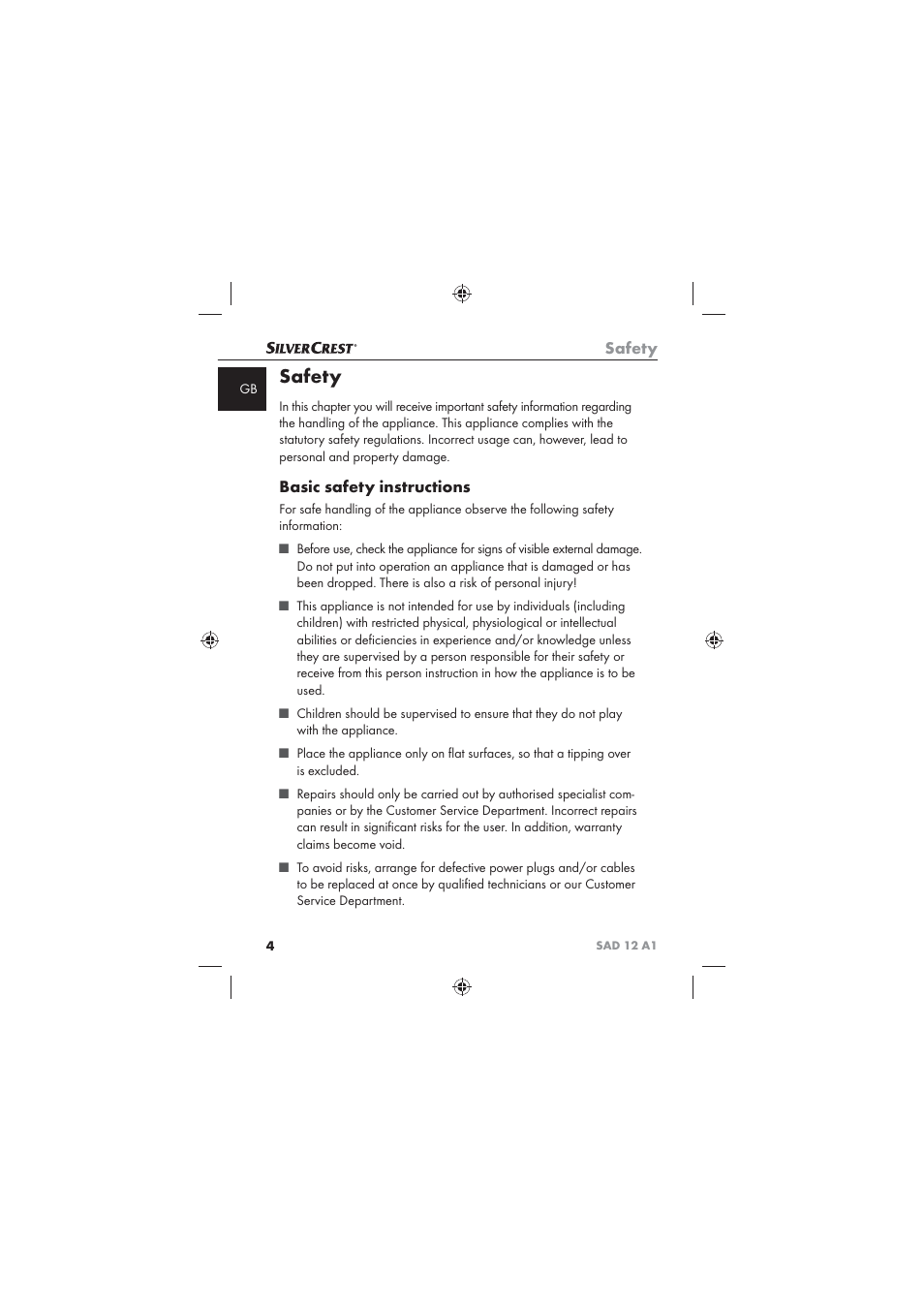 Safety, Basic safety instructions | Silvercrest SAD 12 A1 User Manual | Page 6 / 86