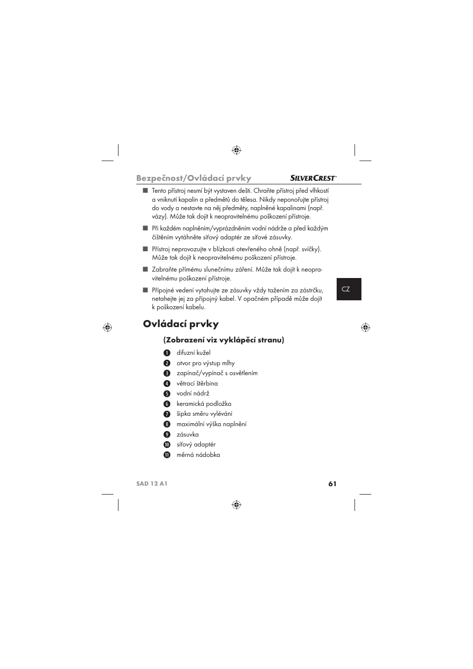 Ovládací prvky, Bezpečnost/ovládací prvky, Zobrazení viz vyklápěcí stranu) | Silvercrest SAD 12 A1 User Manual | Page 63 / 86