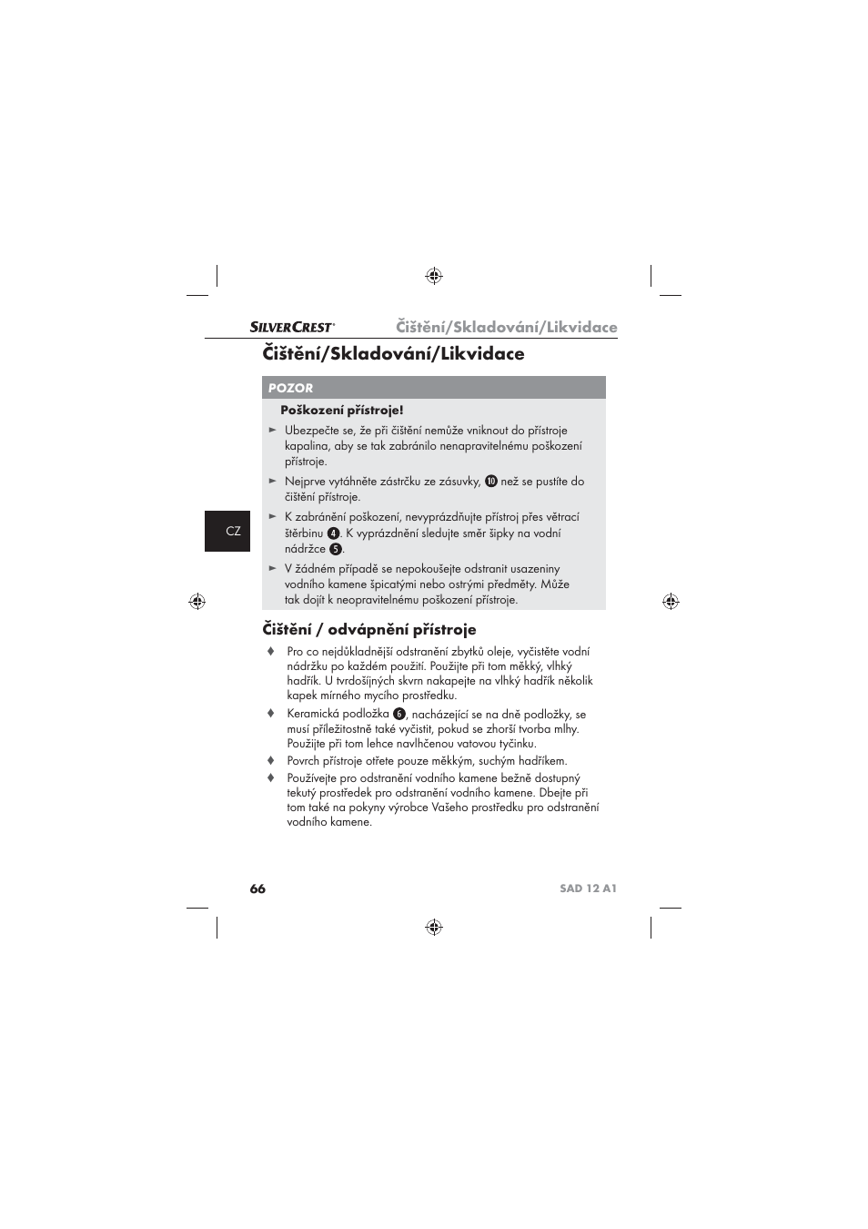 Čištění/skladování/likvidace, Čištění / odvápnění přístroje | Silvercrest SAD 12 A1 User Manual | Page 68 / 86